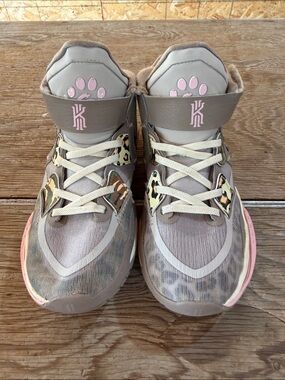 Nike Taupe/Beige High-Top Basketball Sneakers with Pink Accents
